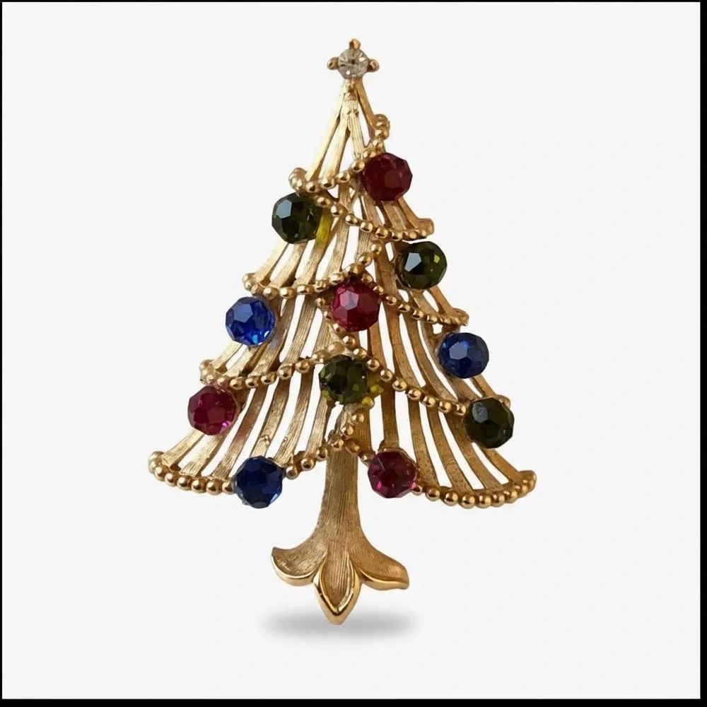 Trifari Vintage Crown Goldtone Multi-Color Rhinestone Christmas Tree Brooch